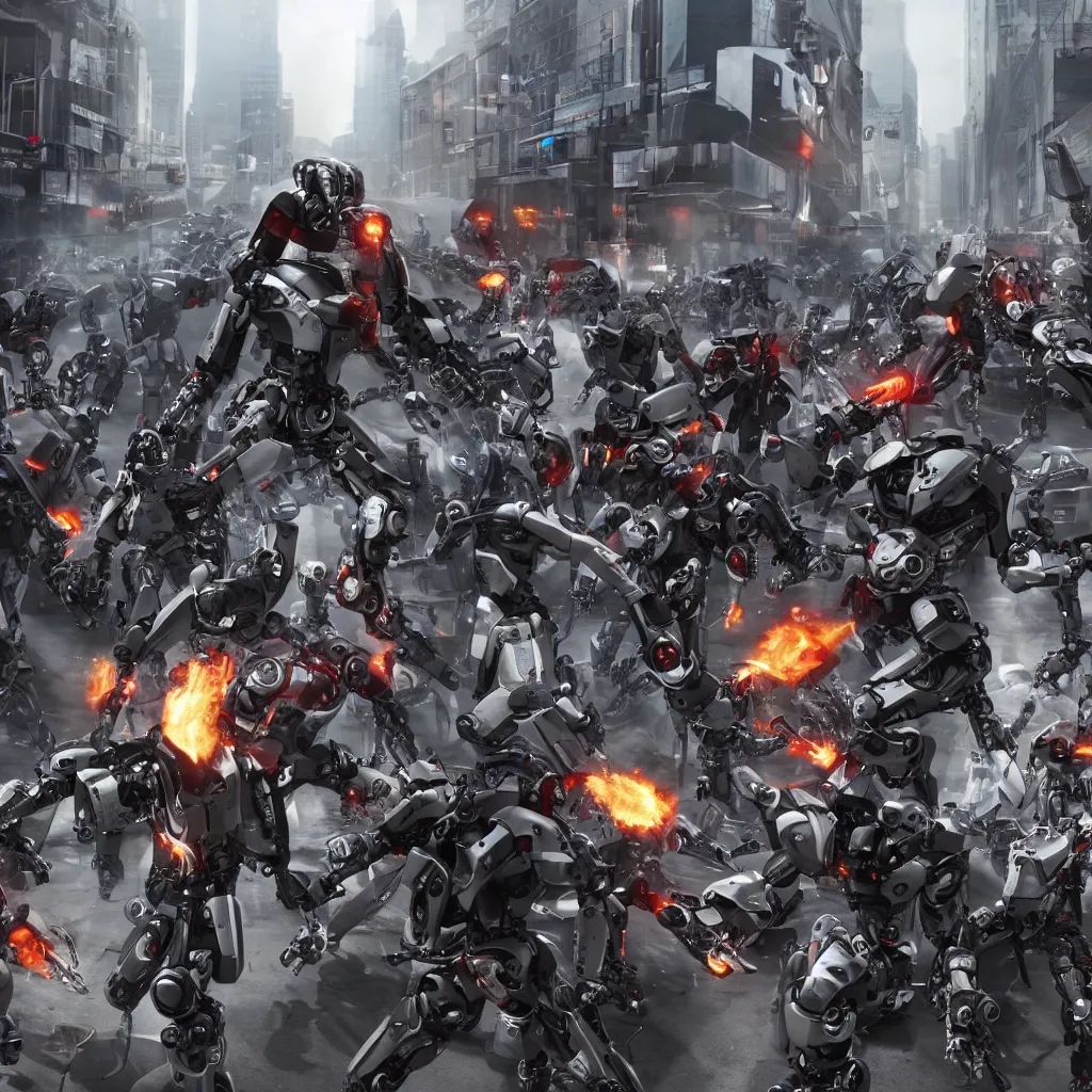 Image similar to robotic rebellion, cyborgs raise against humans in the streets, ocfane render, photo realistic, hyper realistic, 8 k resolution