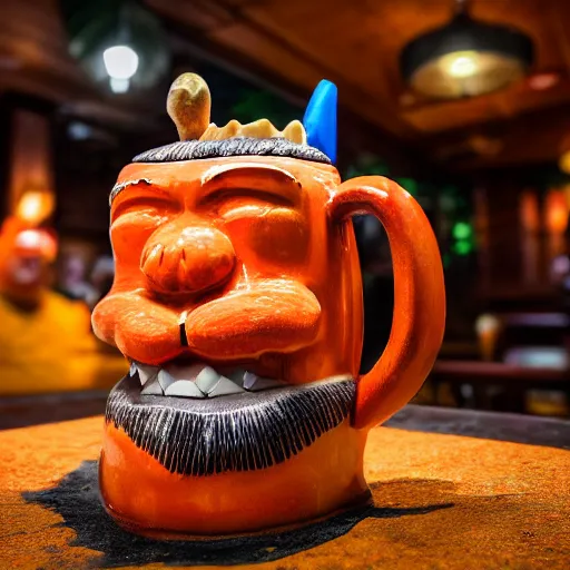 Image similar to a closeup photorealistic photograph of an orange cat garfield style tiki mug at a trader vic's restaurant with garfield's face on the front. tiki party. bright scene. fine detail. this 4 k hd image is trending on artstation, featured on behance, well - rendered, extra crisp, features intricate detail, epic composition and the style of unreal engine.