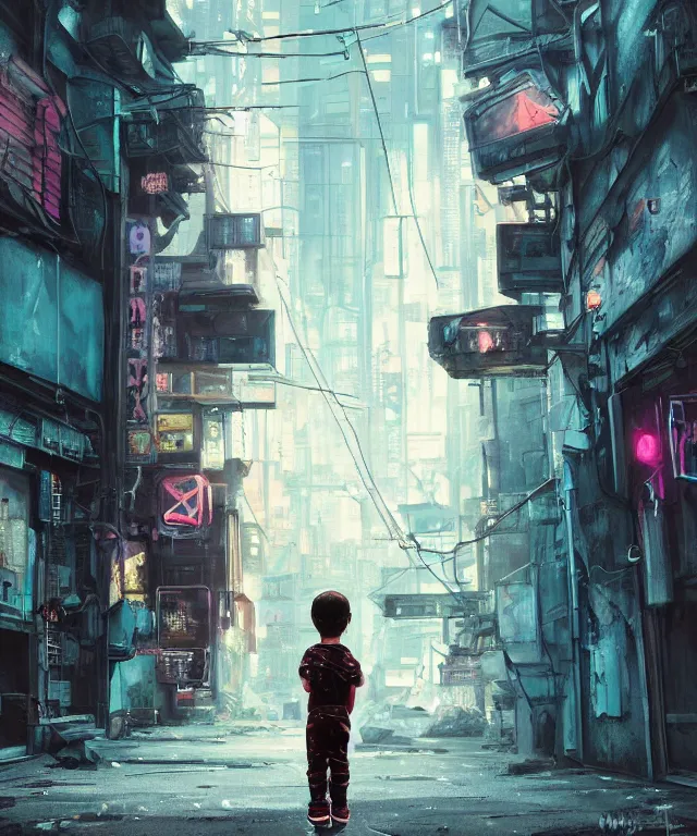 Image similar to a highly detailed contemporary painting of a tiny boy in a Jumpsuit standing in a dark alley, abandoned buildings with graffiti, a nightclub with neon sign, menacing skyline by Studio Ghibli, Makoto Shinkai, by Artgerm, by WLOP, by Greg Rutkowski, volumetric lighting, cyberpunk, octane render, 4K resolution, trending on artstation, masterpiece
