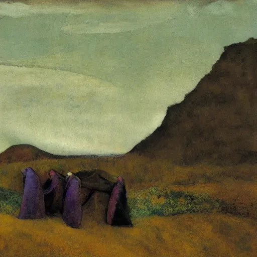 Image similar to serene, dull by ambrosius benson, by emil nolde. a illustration of a coffin being carried by six men through an ethereal, otherworldly landscape. the men are all wearing hooded cloaks. the landscape is eerie & foreboding, with jagged rocks & eerie, glowing plants.