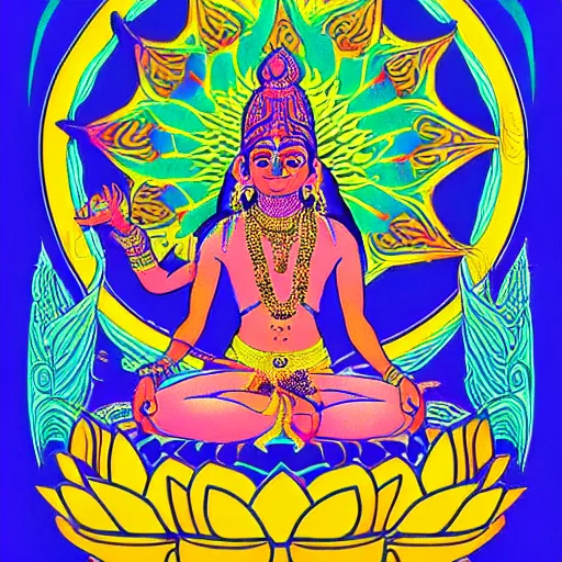 Image similar to indian deity of luck, bright psychedelic colors, lotus pose, risograph, hyperrealis