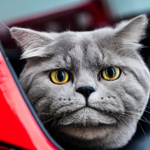 Image similar to a fluffy British Shorthair transformed into a roadster, cool, realistic, 4k, hd, highly detailed