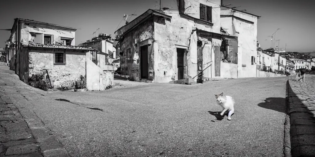 Prompt: photography of a cat running away with mortadella in his mouth at trullo houses town in the background, photoreal, 3 5 mm, award winning photography