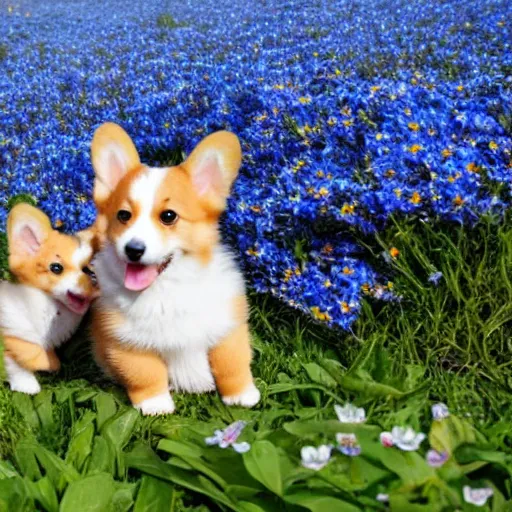 Prompt: Corgi puppies playing with kittens and bread at the field full of forget-me-not flowers