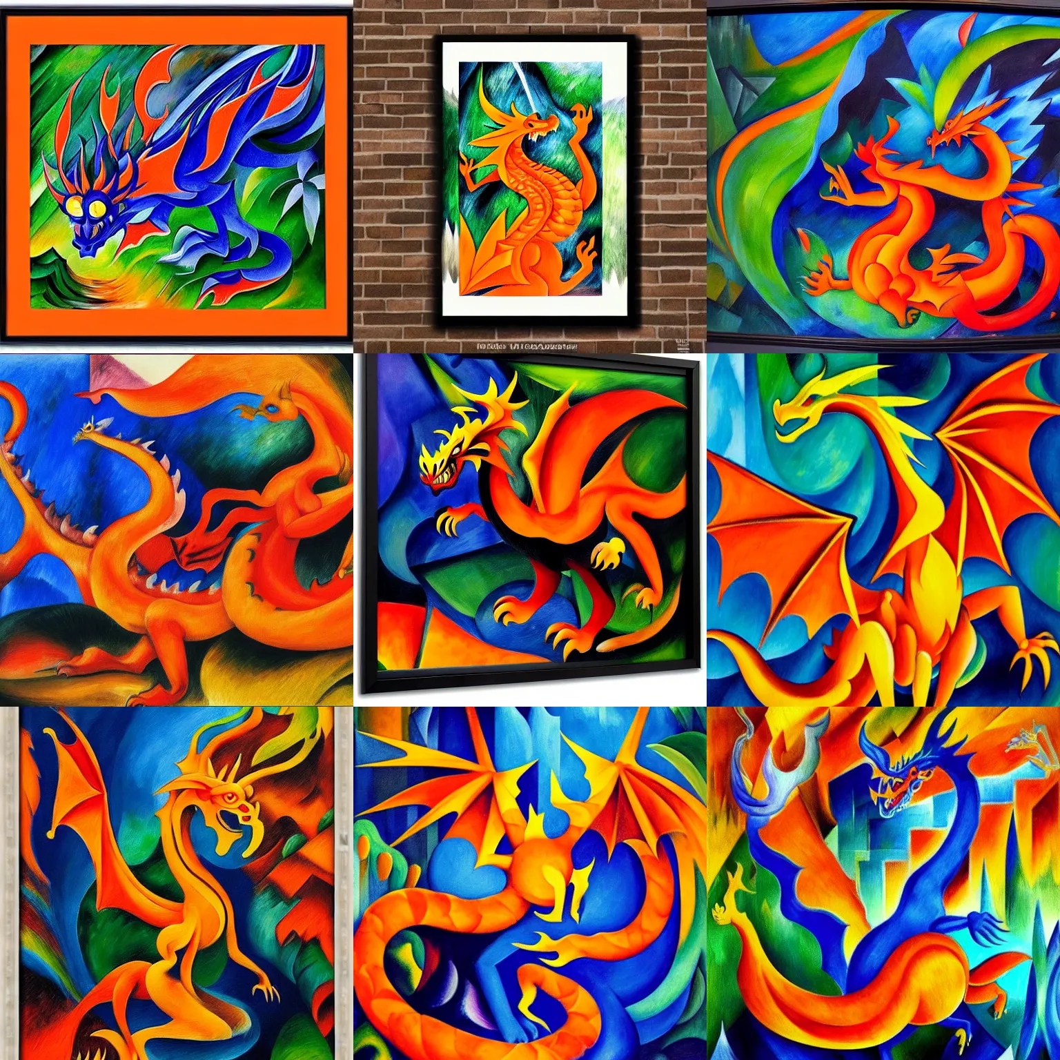 Prompt: a full body oil painting of a hyperdetailed orange dragon in the waterfall gardens by ( ( franz marc ) ), shattered, orphism style, cubism, shadow gradient, high contrast, high detail, masterpiece art, framed