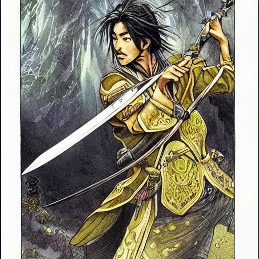 Image similar to a handsome golden Vagabond magic swordsman glides through a beautiful battlefield magic the gathering dramatic esoteric pen and ink illustrated in high detail by Hiroya Oku and Tatsuki Fujimoto