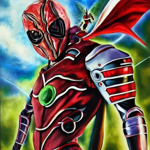 Prompt: a realistic painting by Raffaello Sanzi depicting the Kamen Rider Kuuga with the head of the symbiotic Freddy Krueger in the Renaissance.