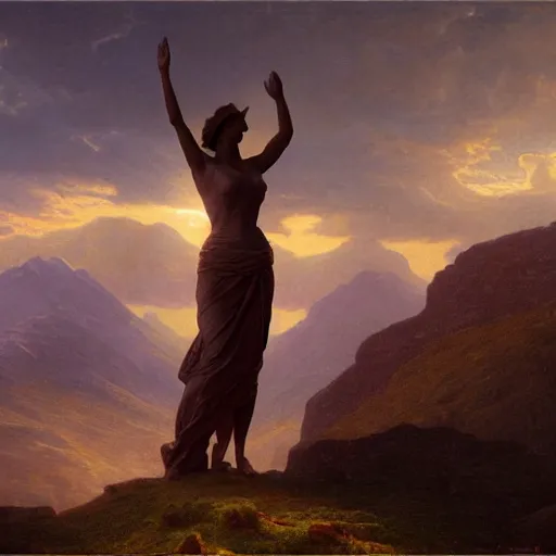 Image similar to an ultradetailed matte landscape painting of a large mountain made into a sculpture of a woman, sunrise on the horizon in the background, stone hand raised up, 8 k, art by greg rutkowski and albert bierstadt