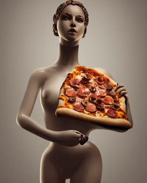 Prompt: Beautiful art portrait of statue of a female made of pizza, atmospheric lighting, intricate detail, cgsociety, hyperrealistic, octane render, RPG portrait, ambient light, dynamic lighting,