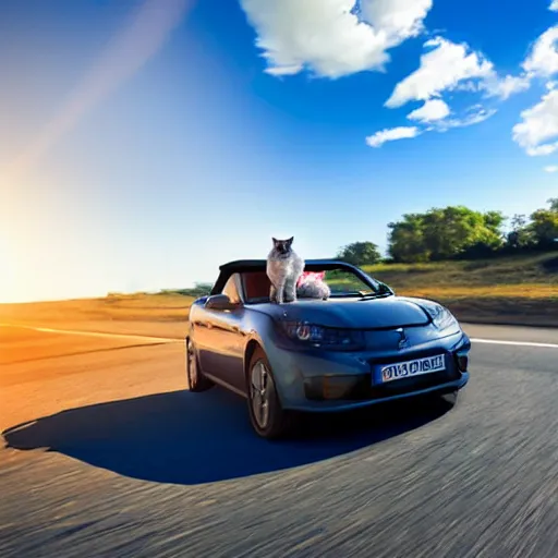 Image similar to convertible with cat driving on road, clear sky, golden hour, unobstructed road