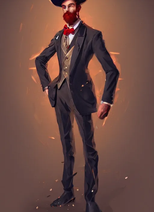 Image similar to a highly detailed illustration of stylish top hat wearing red haired attractive man, wearing suit vest, leaning back pose, intricate, elegant, highly detailed, centered, digital painting, artstation, concept art, smooth, sharp focus, league of legends concept art, WLOP