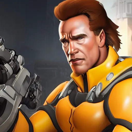 Prompt: a screenshot of arnold schwarzenegger as tracer in overwatch, temple of anubis map