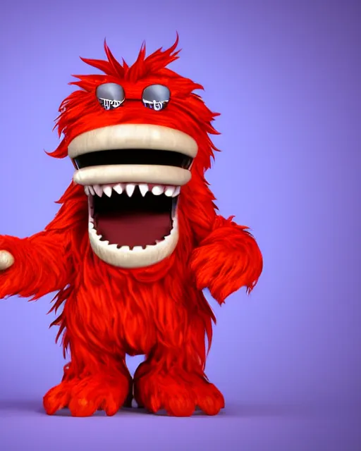 Prompt: 3 d render of completely red hairy friendly monster smiling wearing chrome shades, full body, simple, cute, cartoony, white background, unreal engine 5 hdr