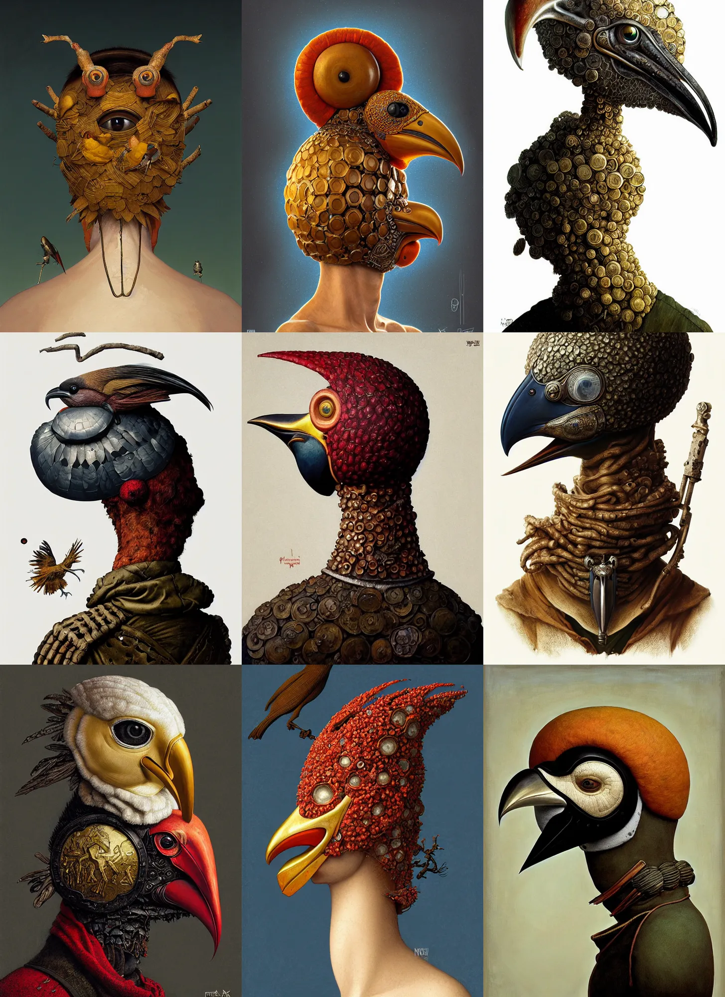 Prompt: rpg! profile! portrait of a fungus humanoid bird on white background, beak, plague mask, intricate, highly detailed, digital painting, artstation, concept art, smooth, sharp focus, illustration, art by norman rockwell emiliano ponzi andrey remnev yoann lossel john currin aaron jasinski ivan albright hsiao - ron cheng, 8 k