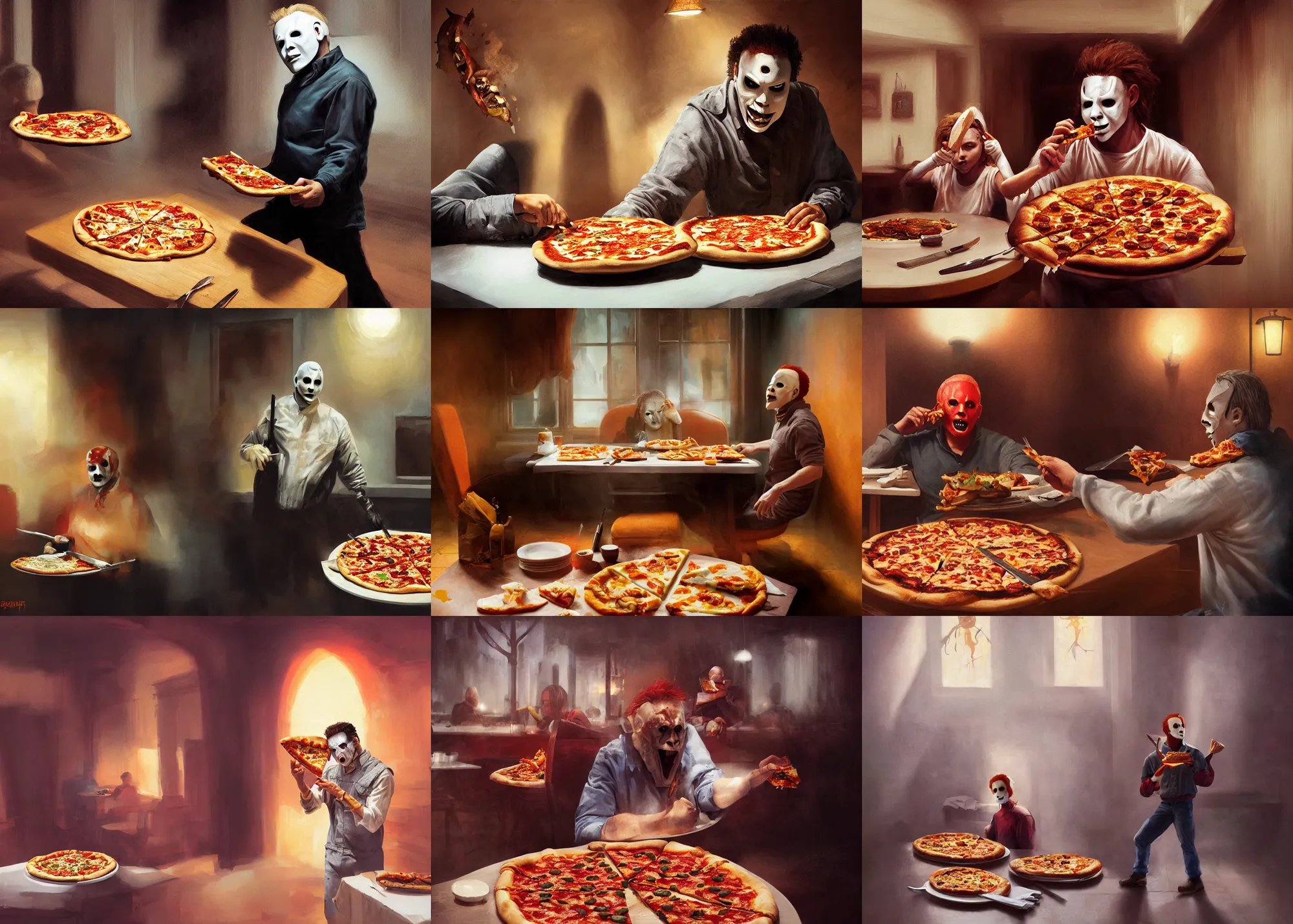 Prompt: painting of Michael Myers eating a delicious pizza in a traditional Italian restaurant, sunny, happy, sharp focus, wide shot, trending on ArtStation, masterpiece, by Greg Rutkowski, by Ross Tran, by Fenghua Zhong, octane, soft render, oil on canvas, colorful, cinematic, environmental concept art