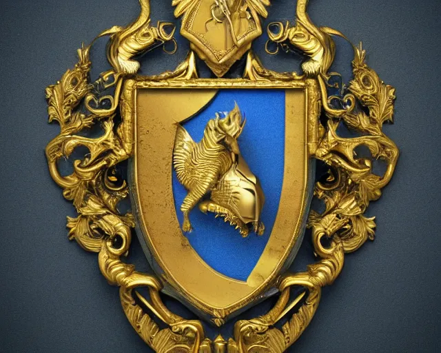 Prompt: heraldic coat of arms frame made of gold and blue crystal, gloomy and foggy atmosphere, octane render, rembrandt, cgsociety, artstation trending, horror scene, highly detailded