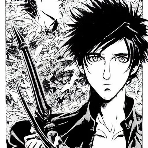 Prompt: pen and ink!!!! attractive 22 year old Gantz monochrome!!!! Frank Zappa x Daniel Radcliff highly detailed manga Vagabond!!!! telepathic floating magic swordsman!!!! glides through a beautiful!!!!!!! battlefield magic the gathering dramatic esoteric!!!!!! pen and ink!!!!! illustrated in high detail!!!!!!!! graphic novel!!!!!!!!! by Juan Francisco Casas and Hiroya Oku!!!!!!!!! MTG!!! award winning!!!! full closeup portrait!!!!! action manga panel