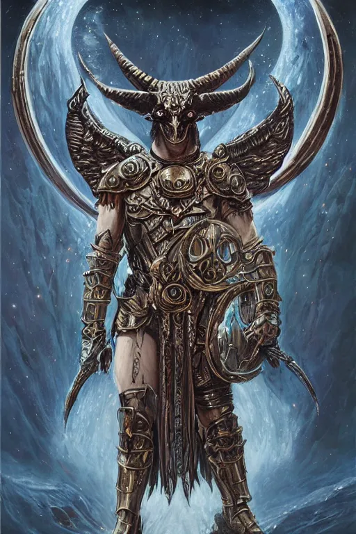 Image similar to full body concept art of baphomet wearing ancient roman armor made with porcelain by Jeff Easley and Peter Elson + beautiful eyes, beautiful face + symmetry face + galaxy + gothic, surreal, dread + highly detailed, intricate complexity, epic composition, magical atmosphere + masterpiece, award winning + trending on artstation