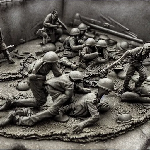 Image similar to world war 2, extremely detailed claymation art, dark, moody, foggy