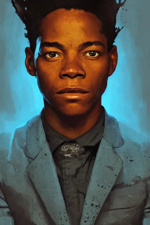 Image similar to portrait of jean basquiat, staring directly into camera, intricate, elegant, glowing lights, highly detailed, digital painting, artstation, sharp focus, illustration, art by wlop, mars ravelo and greg rutkowski