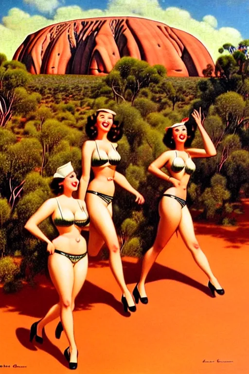 Image similar to 1940s group of pinup bikini girls walking around 1940s Ayers Rock, Uluru, in Australia, oil painting, by Gil Elvgren