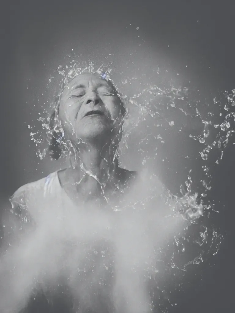 Prompt: Analog photographic portrait with 50 mm lens and f/12.0 of a 90 years old woman with her eyes closed and spurting from her mouth a white viscous fluid floating in the air. With a slight variation in the light.