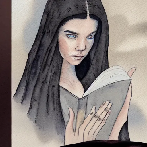 Prompt: full body detailed watercolor illustration of alien jennifer connelly mixed with anya taylor - joy, reading a book, unsettling, hooded long black feathered cloak, uncanny valley, with black feathers instead of hair, gothic, guillermo del toro, gray mottled skin, pale and sickly, profile view, - - ar 9 : 1 6