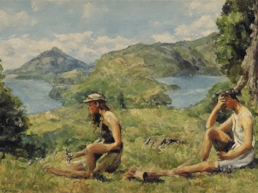 Image similar to figure with scenery. painting by rudolf hausner