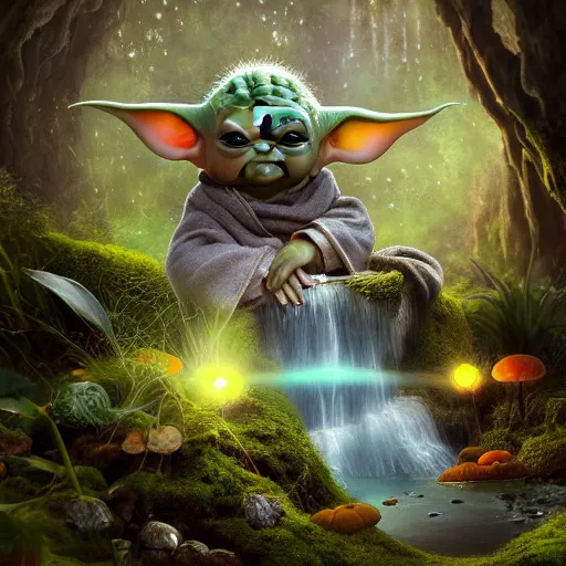 Prompt: tom bagshaw, beautiful kawai miniature baby yoda posing, mythical shrine, soft painting render curiosities carnival pond river vegetation rocks bugs wildlife mushrooms covered moss bioluminescent wisps, beautiful stunning waterfall, accurate features, focus, very intricate ultrafine details, random volumetric lighting, fog, award winning masterpiece, octane render 8 k hd, artstation