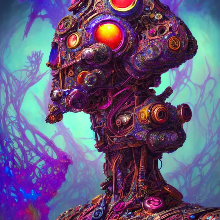 Prompt: stereoscopic image of a bright psychedelic organic cyborg, 4th dimensional creature, diffuse lighting, fantasy, intricate, elegant, highly detailed, lifelike, photorealistic, digital painting, artstation, illustration, concept art, smooth, sharp focus, art by John Collier and Albert Aublet and Krenz Cushart and Artem Demura and Alphonse Mucha