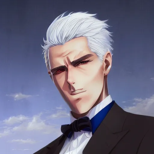 Prompt: semi realistic anime illustration of short slick backed white haired man, wearing dark blue suit, with beautiful hyperdetailed sky blue eyes, facing camera directly, full face portrait made by Stanley Artgerm, WLOP, Rossdraws, James Jean Andrei Riabovitchev, Marc Simonetti, Yoshitaka Amano, Artstation