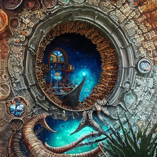 Prompt: highly detailed, intricate beautifully stunning cosmic Kinocorium in the middle of a keyhole portal overlooking the Succularium by Andrei Riabovitchev, Shaun Tan and Peter Mohrbacher. stunning atmosphere, firery prismatic orbs