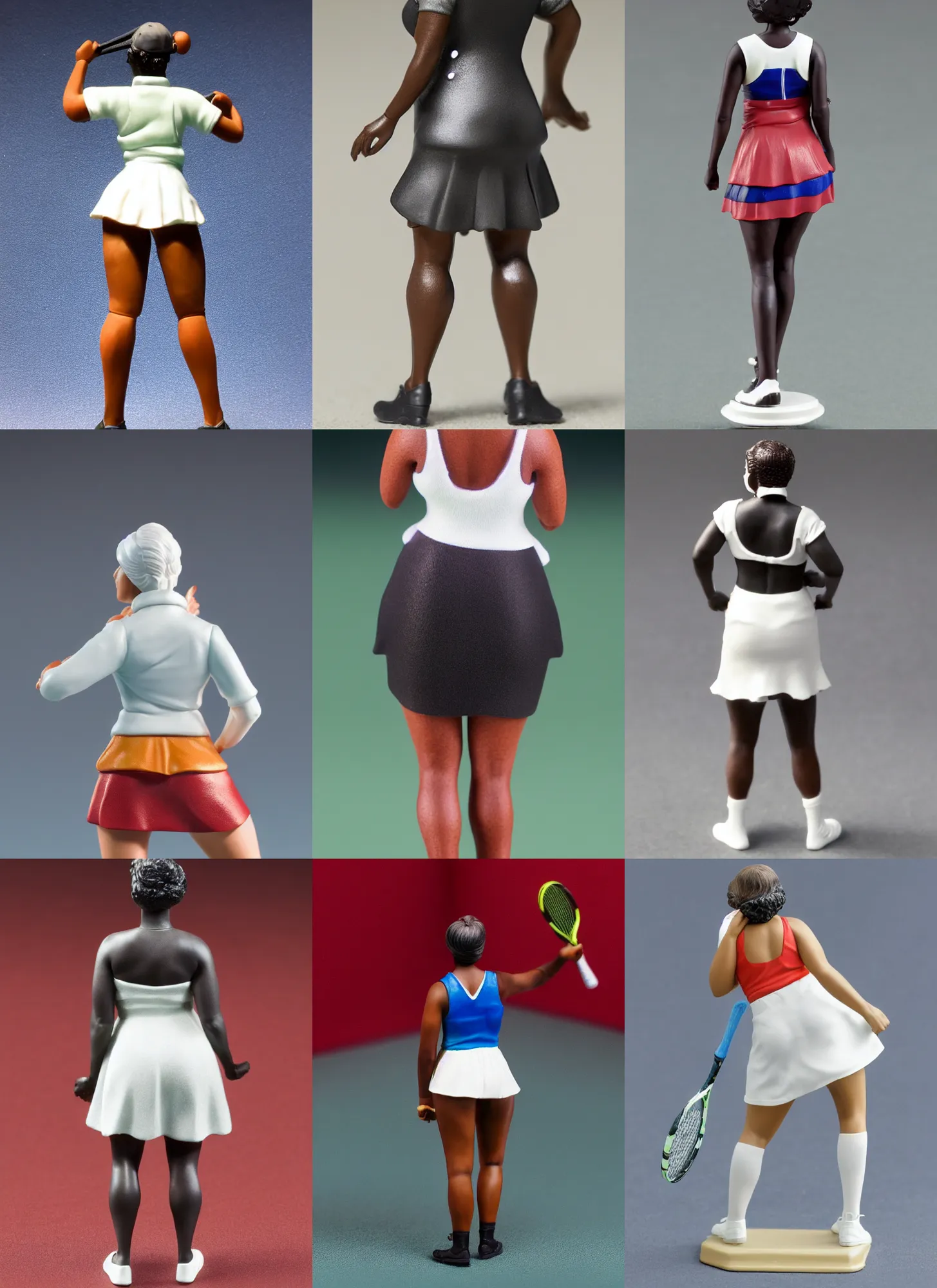 Prompt: 80mm resin model figure of a Hattie McDaniel in detailed tennis wear, mini-skirt; Miniature product Photo, 4K, Full body, view from behind