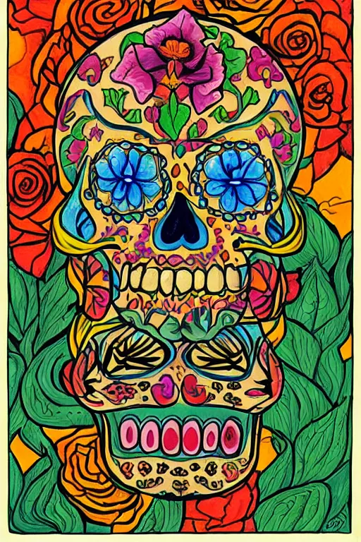 Image similar to Illustration of a sugar skull day of the dead girl, art by paul ranson
