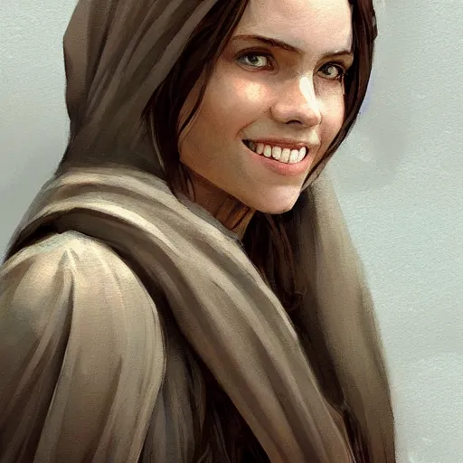 Image similar to portrait of an woman by Greg Rutkowski, she is about 20 years old, pretty, long brown wavy hair, scar near her mouth that makes her look like she's smiling all the time, wearing jedi robes, Star Wars Expanded Universe, highly detailed portrait, digital painting, artstation, concept art, smooth, sharp foccus ilustration, Artstation HQ