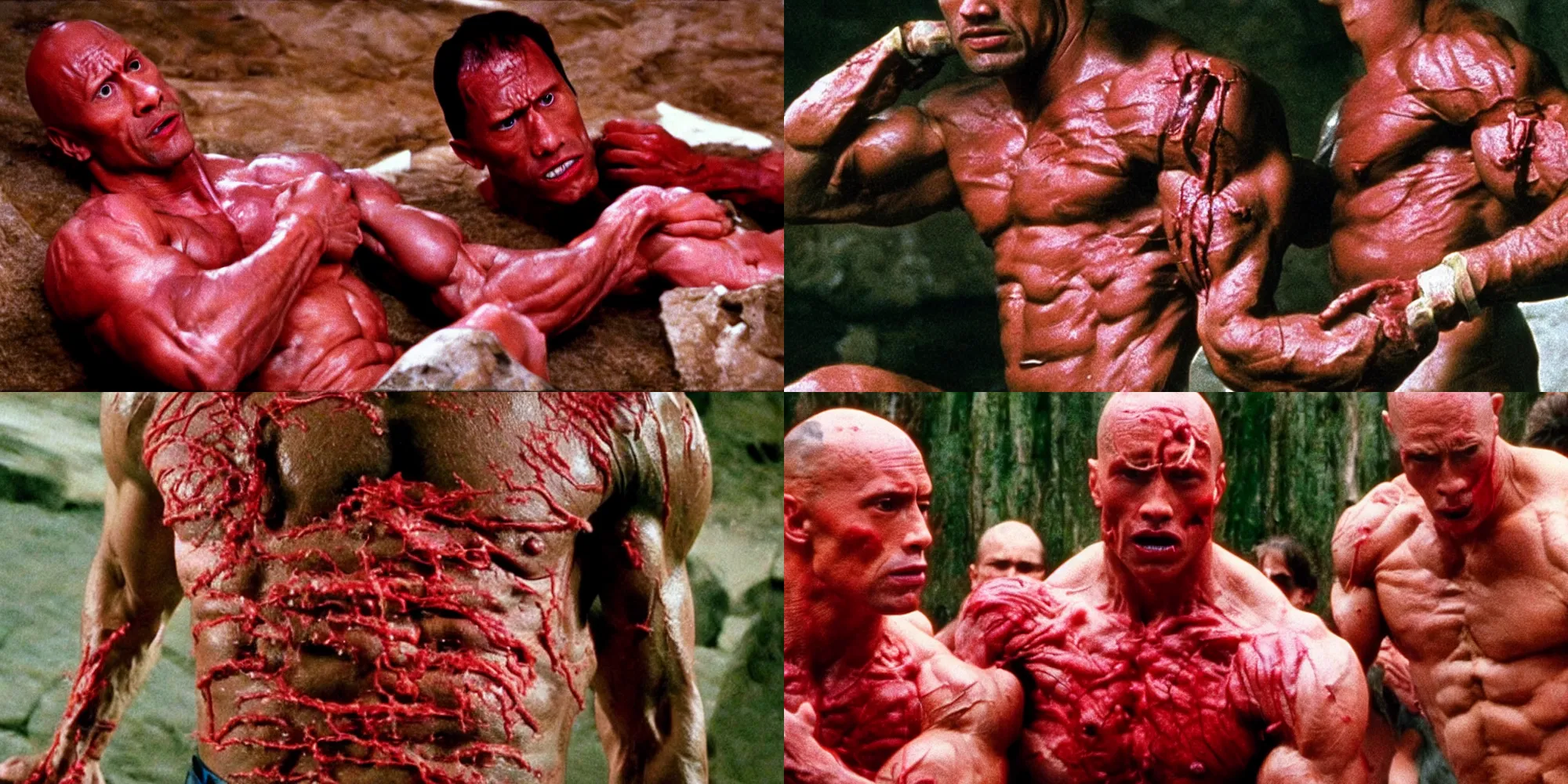 Prompt: dwayne johnson body horror directed by david cronenberg, limb mutations, swollen veins, red flesh strings, cinestill 8 0 0 t, 1 9 8 0 s movie still, film grain