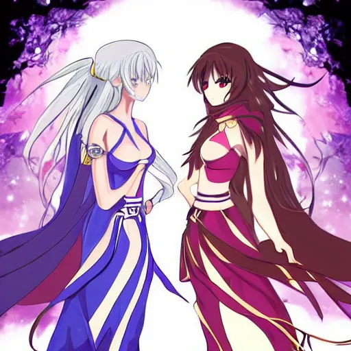 Prompt: two identical beautiful female mages facing off, gorgeous anime art