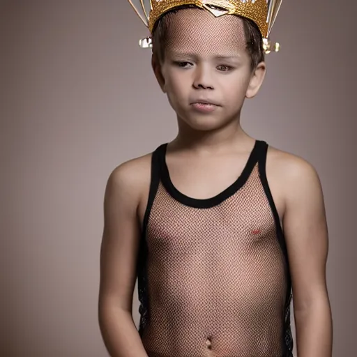 Image similar to A full shot portrait of a boy in a Netted Fishnet Mesh Tanktop wearing a golden diamond crown smoking a cigar on a sunny day in the park, 35mm, 4K, studio lighting