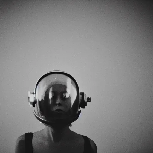 Prompt: Analog portrait of a woman wearing a space helmet, greyscale, film grain, depth of field, bokeh, lit from behind, deep space visible in the background