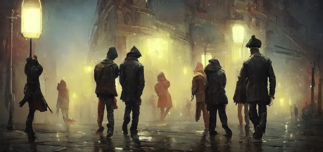 Prompt: beautiful painting of a gang at night in Soviet Russia, by Sergey Kolesov, Stanley Artgermm, Tom Bagshaw, Greg Rutkowski, Carne Griffiths, trending on Artstation, 8k, masterpiece, graffiti paint, dishonored, fine detail, full of color, intricate detail
