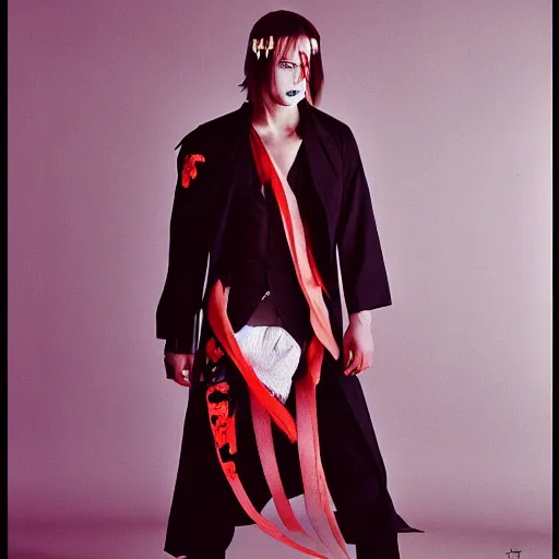 Image similar to modern high fashion clothing designer inspired by vampires and samurai runway photo canon - ae 1 3 5 mm film camera male model