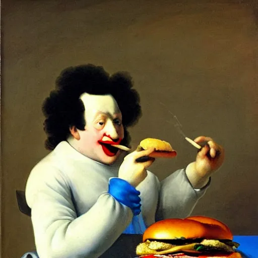 Image similar to ronald mcdonald eating a hamburger, painting by fransisco goya