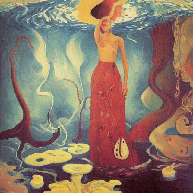 Image similar to tall female artist holding a nautilus in her flooded kitchen, pomegranates, octopus, water gushing from ceiling, painting of flood waters inside an artist's apartment, a river flooding indoors, candles, ikebana, zen, rapids, waterfall, black swans, canoe, berries, acrylic on canvas, surrealist, by magritte and monet