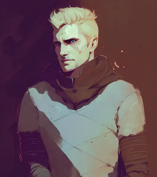 Image similar to portrait of cullen from dragon age by atey ghailan, by greg rutkowski, by greg tocchini, by james gilleard, by joe fenton, by kaethe butcher, dynamic lighting, gradient light blue, brown, blonde cream and white color scheme, grunge aesthetic