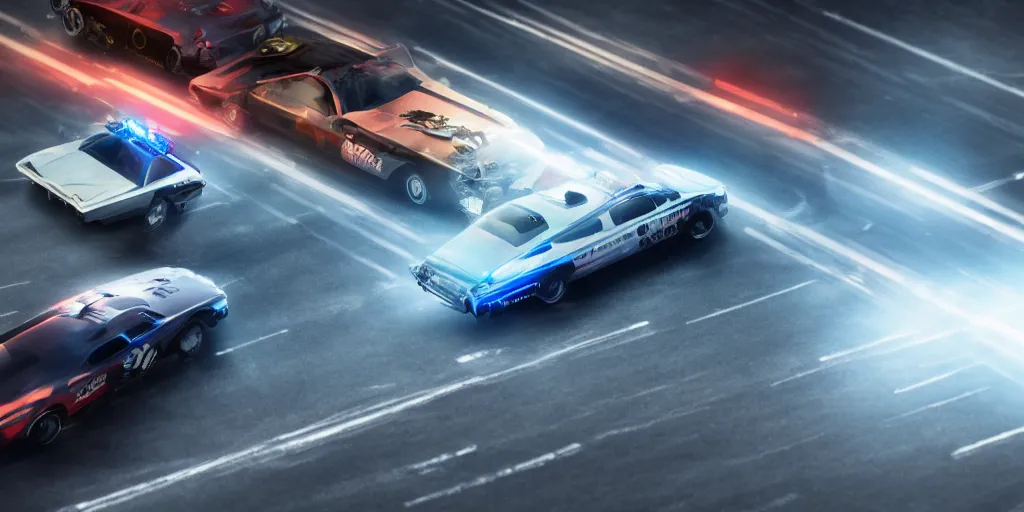 Image similar to a drawing of two cars drag racing in the middle of the night while being chased by the police, realism, octane render, intense,