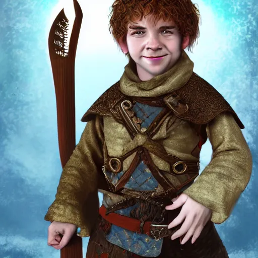 Image similar to realistic portrait of a halfling male, happy, bard, short hair, lute, intricate details, cinematic, photo, fantasy, medieval