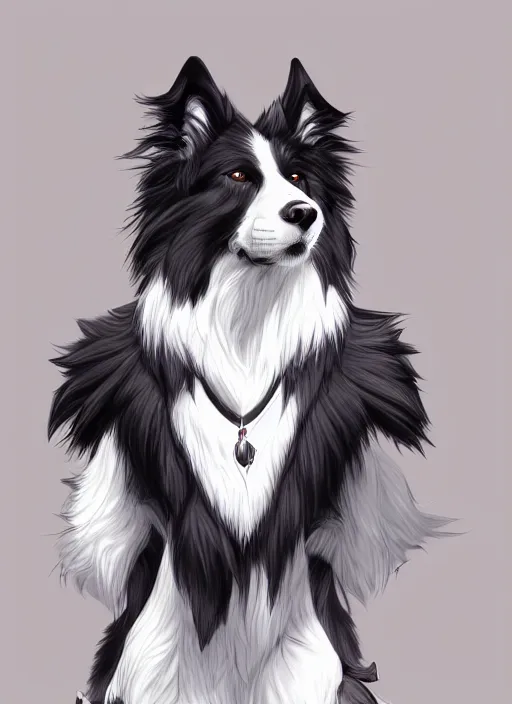 Image similar to wide angle beautiful full body portrait of a strong male anthropomorphic anthro border collie fursona, furry art, furaffinity, beautiful, glamor pose, detailed, aesthetic, trending on artstation