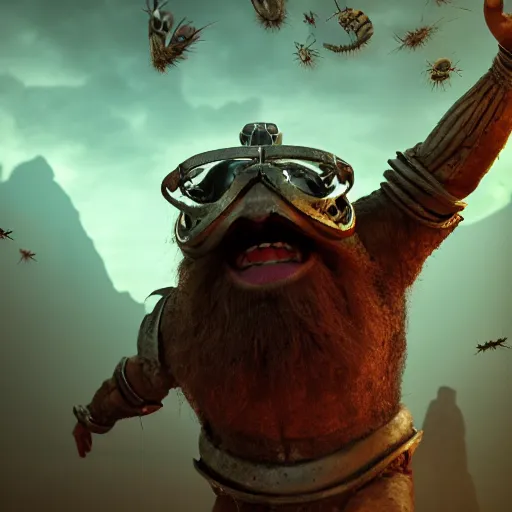 Image similar to highly detailed octane render of a close up portrait of an ugly man with a giant beard wearing goggles and armour and screaming in a cave whilst surrounded by large insects