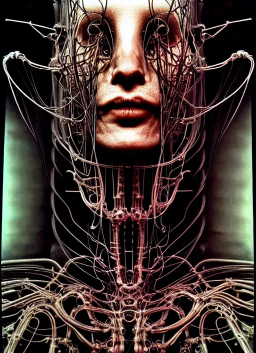 Image similar to portrait of neural nightmares by yoshitaka amano and HR Giger, detailed face face face face, facial structure, hd, 8k, very very very very electronic, biomechanical, biology, bio, neural machine, single subject, terror