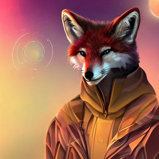 Image similar to a space fox, portrait, sci fi style, modern look, digital art, traveling through time and space, expressive lighting, aura, beautiful